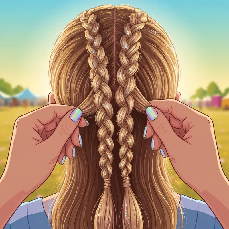 Close-up of a person learning how to braid four strands for a festival look.