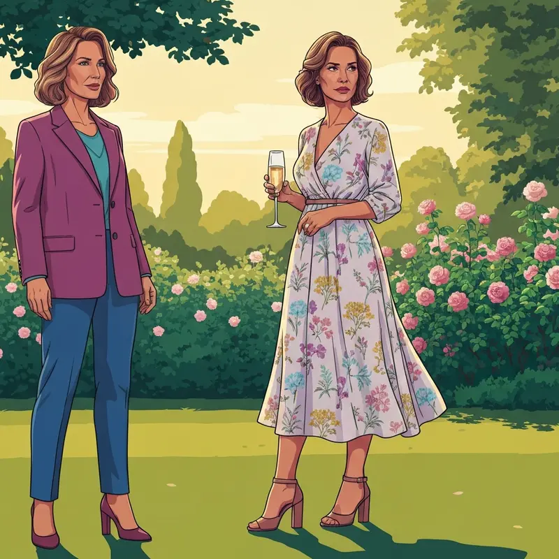 A woman wearing a stylish garden wedding dress for guest attendance in a sunny outdoor setting.