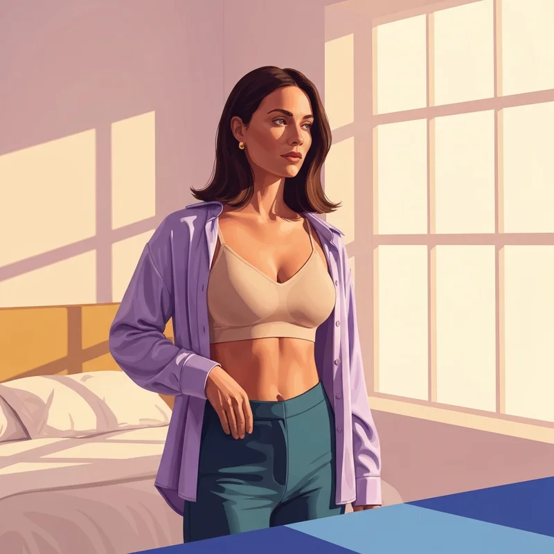 A woman wearing a comfortable trueco bra in a sunlit room, emphasizing a seamless and professional silhouette.