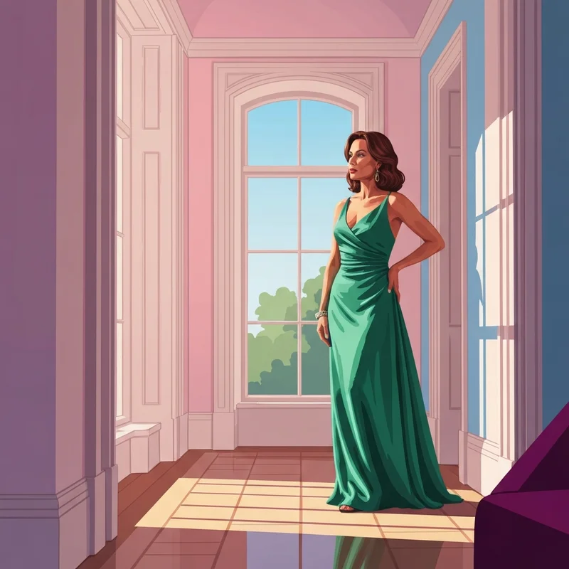 A woman wearing one of the most elegant long dresses for a wedding guest in an emerald green satin fabric.