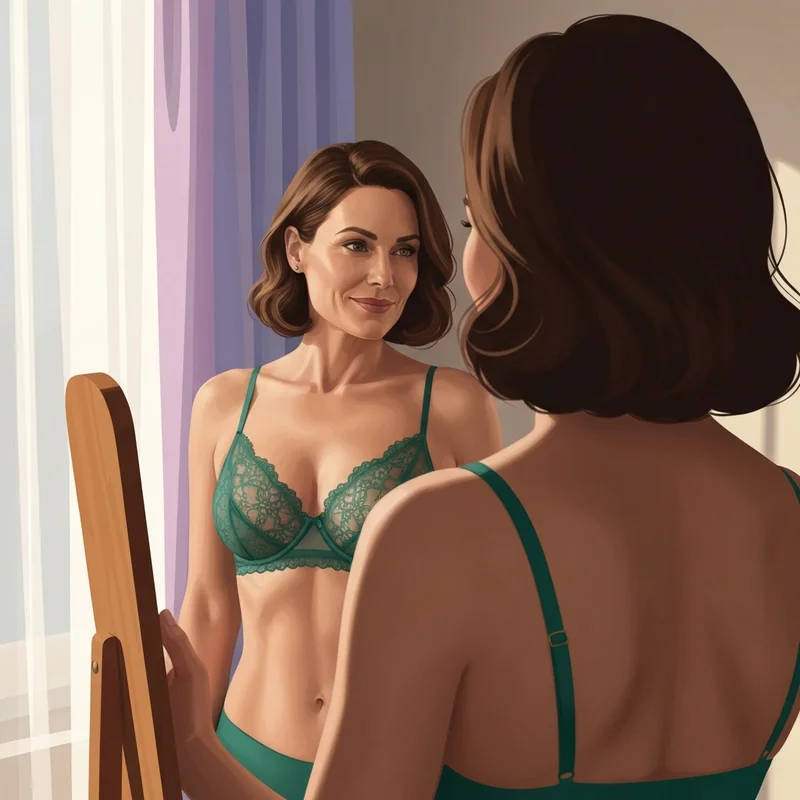 A woman embracing her natural silhouette in a supportive unlined lace bra.