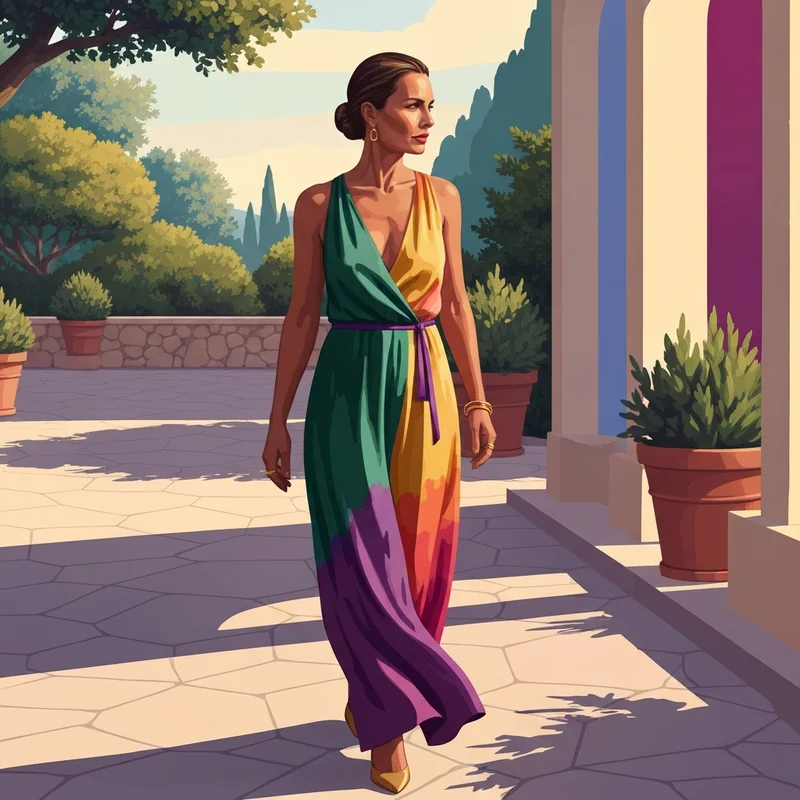 A woman wearing a sophisticated multicolor wedding guest dress in a garden setting