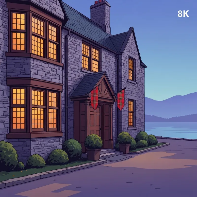 The historic exterior of the Brae Loch Inn in Cazenovia at dusk, highlighting its Scottish architecture and warm hospitality.