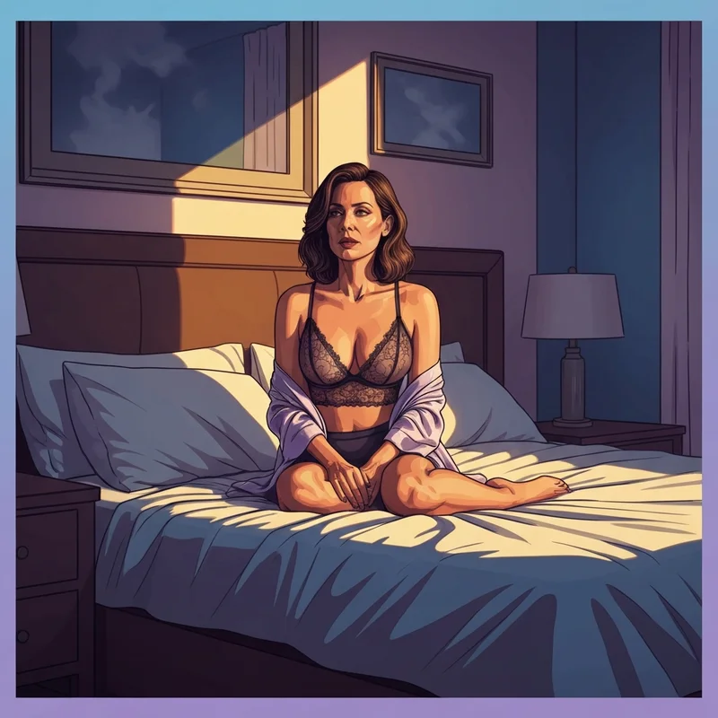 A woman reflecting on her body confidence while wearing a bra during sex in a moody bedroom setting.