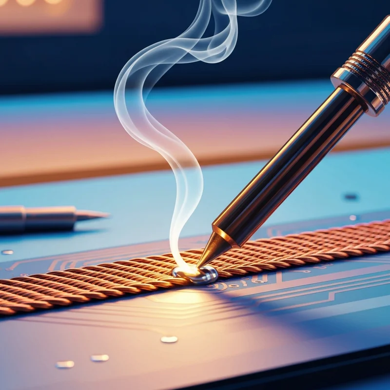 A close-up of a desoldering braid being used to remove solder from a professional circuit board.