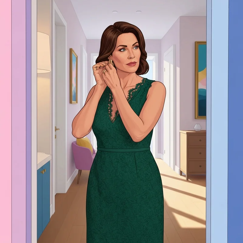 A woman wearing one of the most elegant lace dresses wedding guest options in emerald green while getting ready for a ceremony.