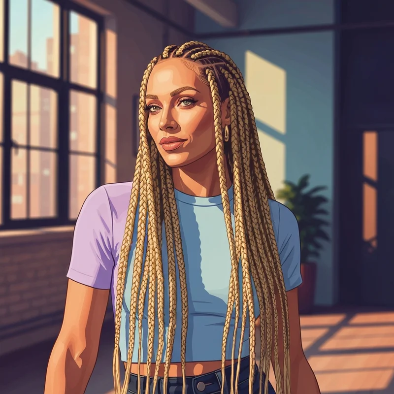 A woman showcasing thick, high-volume plait braid extensions in a sunlit setting.