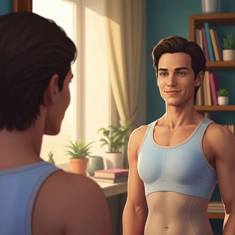 A person experiencing gender euphoria while wearing a safe and comfortable chest binder bra.