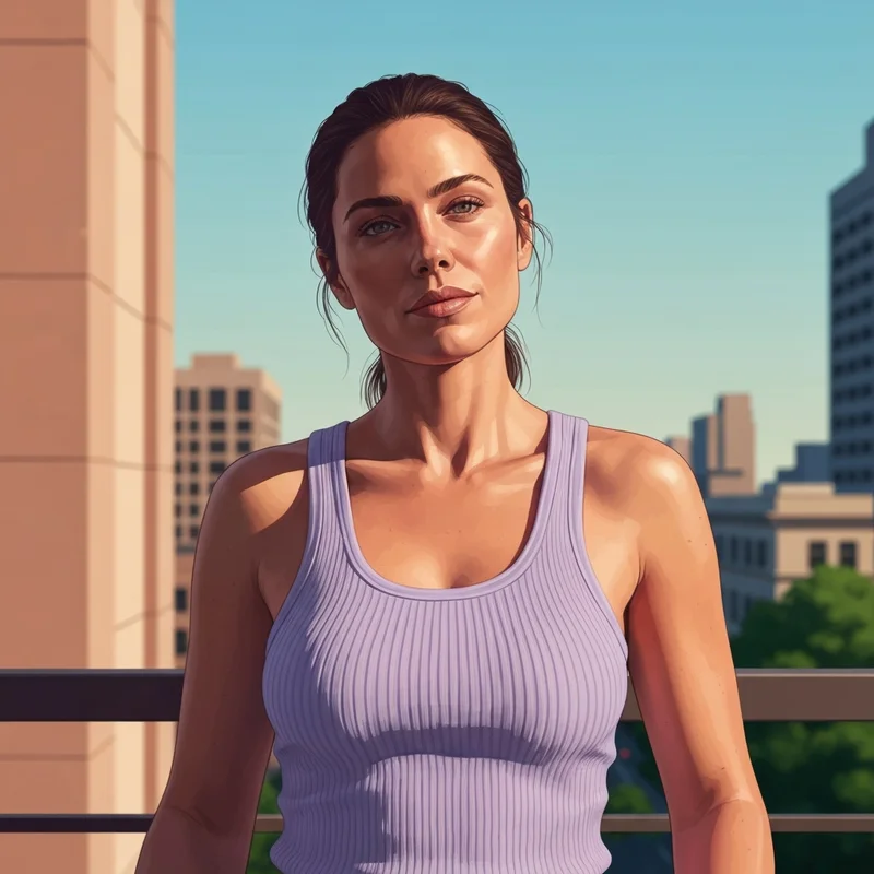 A confident woman embracing the girl no bra aesthetic in a stylish linen top.