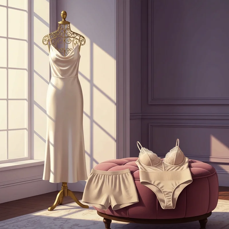 A luxury bridal boutique setting showcasing the best shapewear for wedding dress options next to a silk gown.