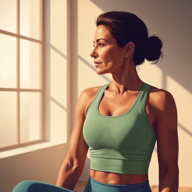 A woman experiencing the comfort of a high-quality seamless bra sports in a sunlit wellness studio.