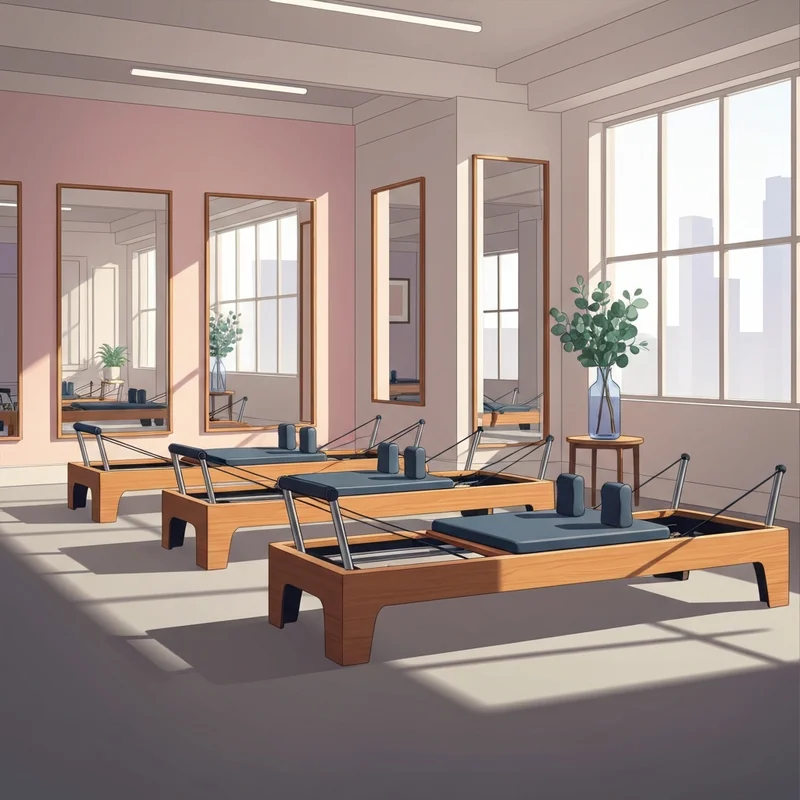 High-end boutique fitness studio featuring professional reformer pilates classes equipment in a sunlit Soho loft.