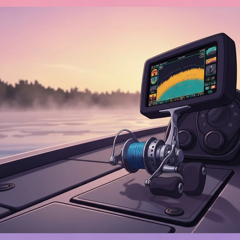 Close up of a spinning reel spooled with Berkley Forward Braid on a boat with forward facing sonar.