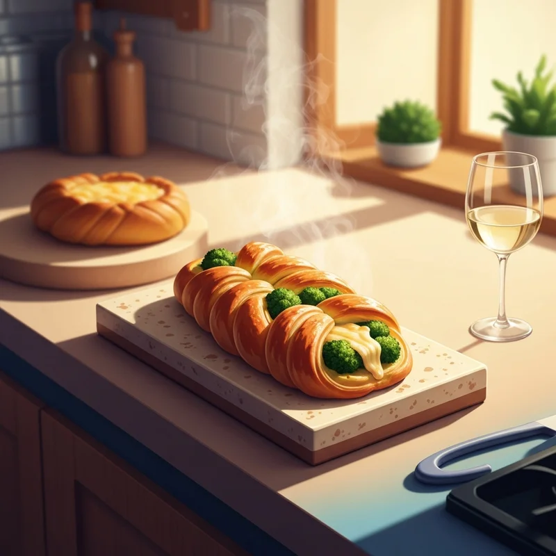 A perfectly baked pampered chef chicken broccoli braid on a baking stone in a sunlit kitchen.