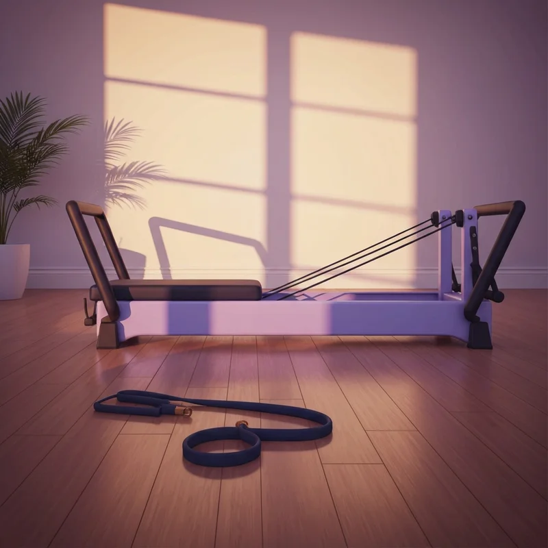 A professional-grade pilates equipment home setup featuring a sleek reformer and minimalist accessories.