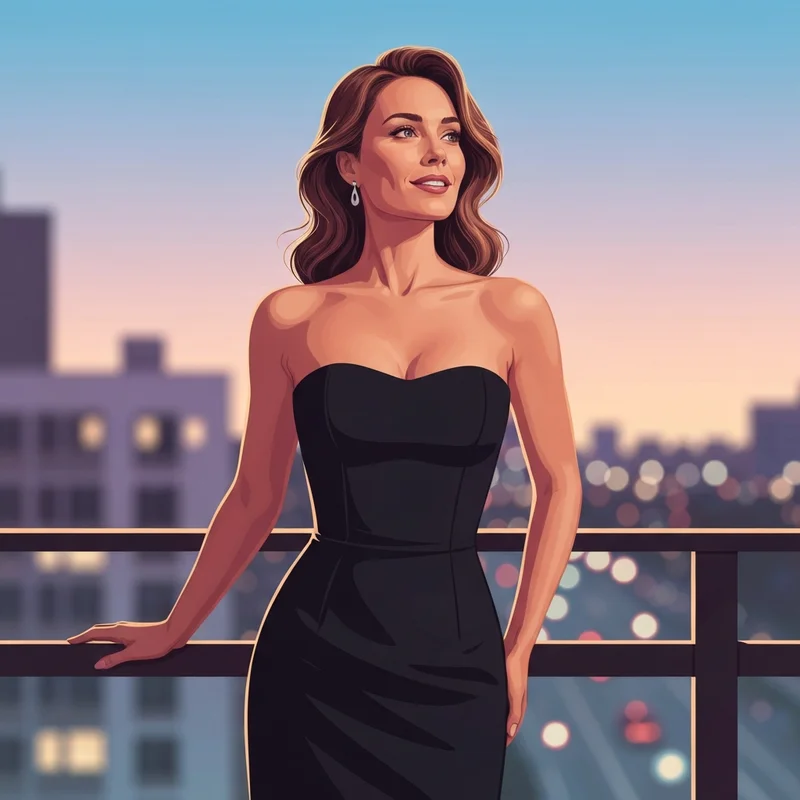 A confident young woman wearing a Victoria's Secret strapless bra under a stylish evening gown.