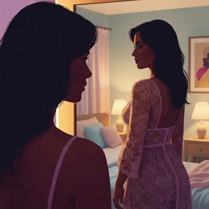 A woman gaining confidence in the mirror wearing a bombshell push up bra