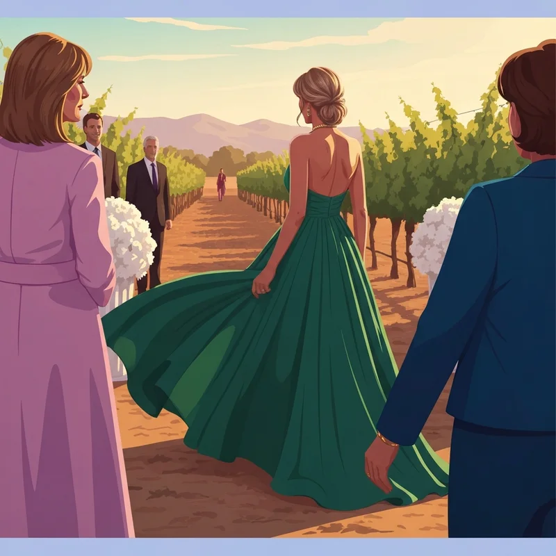 A woman wearing an elegant long maxi dress wedding guest style at an outdoor vineyard wedding.