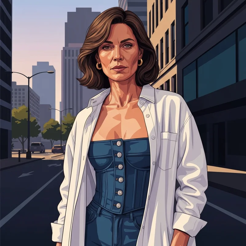 A woman modeling a trendy denim bra with an oversized shirt in an urban street style setting.