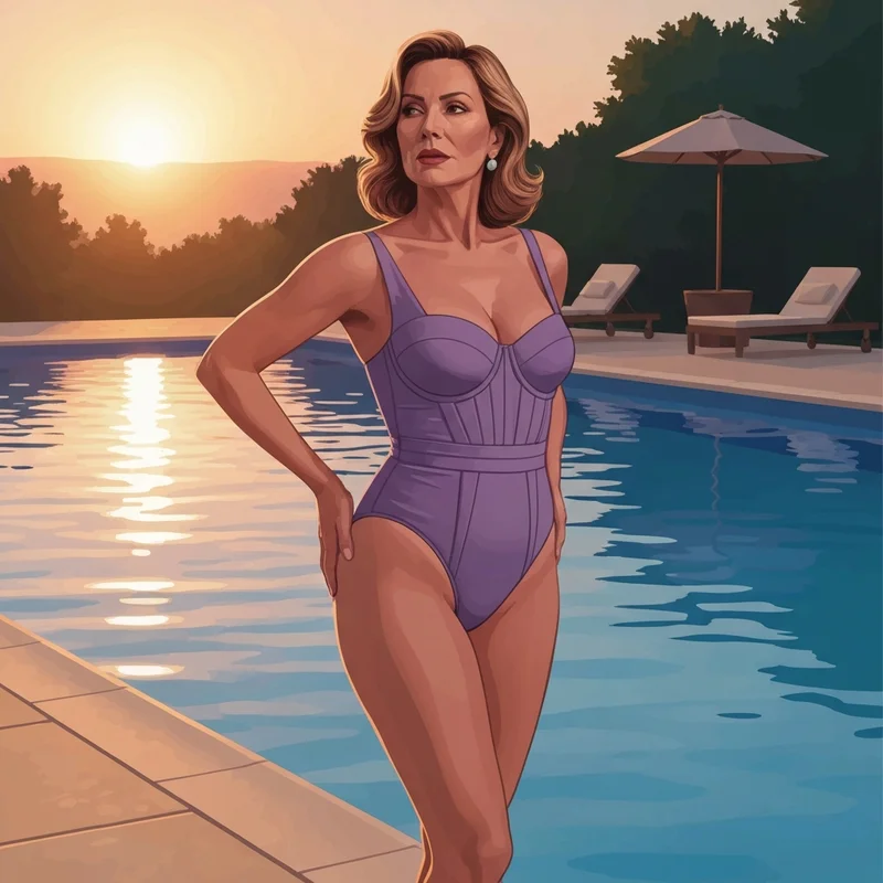 A woman wearing a stylish push up bra swimming costume by a luxury pool at sunset.