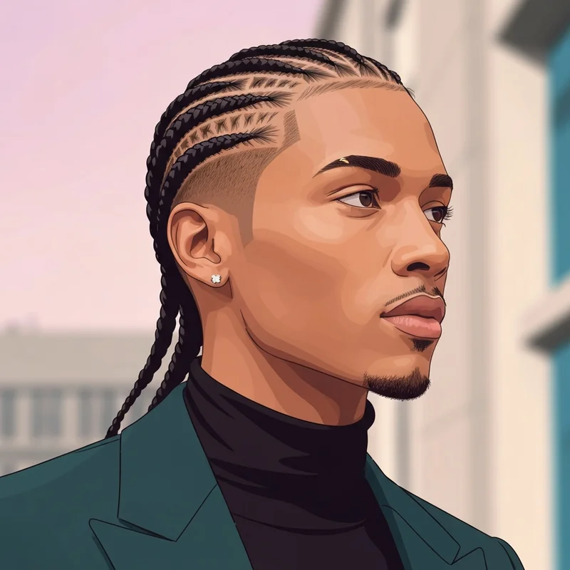 A stylish young man showcasing intricate braid hairstyles for male with a clean skin fade.