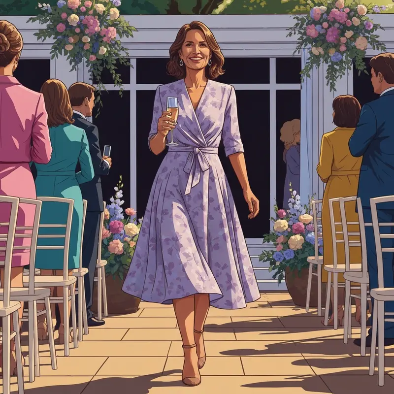 A woman wearing a stunning midi a line wedding guest dress at a garden ceremony.