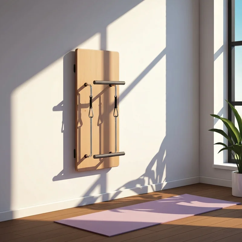 A modern home studio featuring a professionally mounted springboard pilates unit on a clean white wall.