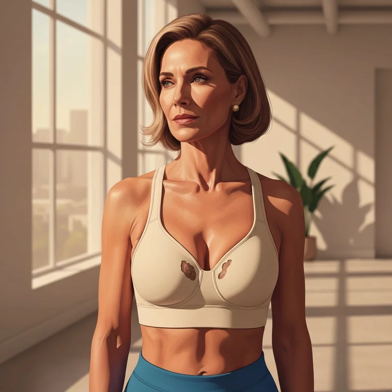 A woman wearing a sustainable organic cotton sports bra in a clean, minimalist setting.