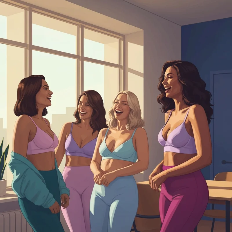 A diverse group of young women discussing their perfect fit using a bra size chart image guide in a sunlit room.