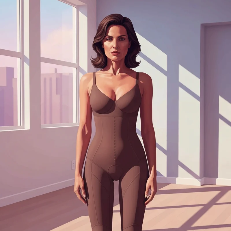 A confident woman showcasing the smooth silhouette of a premium bodysuit shapewear in a sunlit loft.