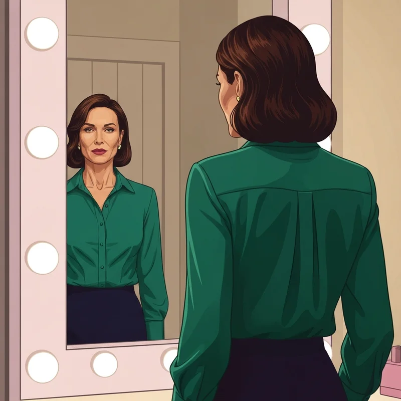 A woman wearing a perfectly fitted silk blouse that shows no bra bulge due to great posture and fit.