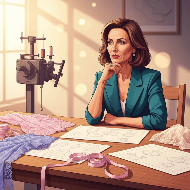 A woman studying a complex bra pattern in a sunlit sewing studio surrounded by lace and silk.