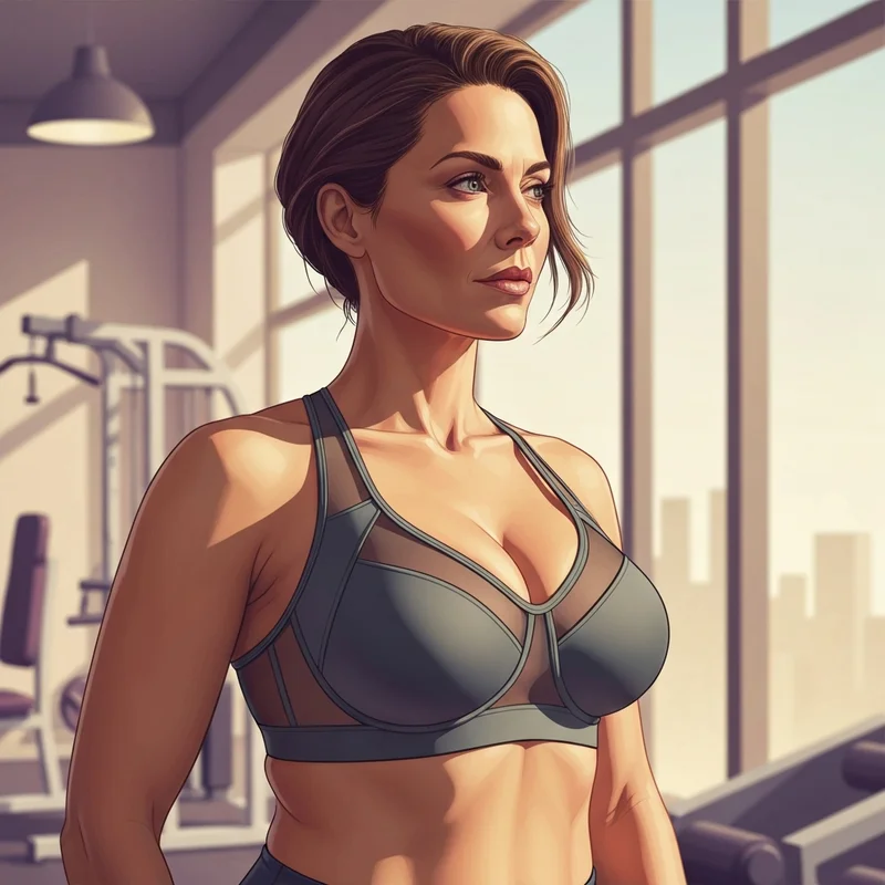 A woman wearing a high-impact sports bra for big boobs in a sunlit gym, demonstrating confidence and support.