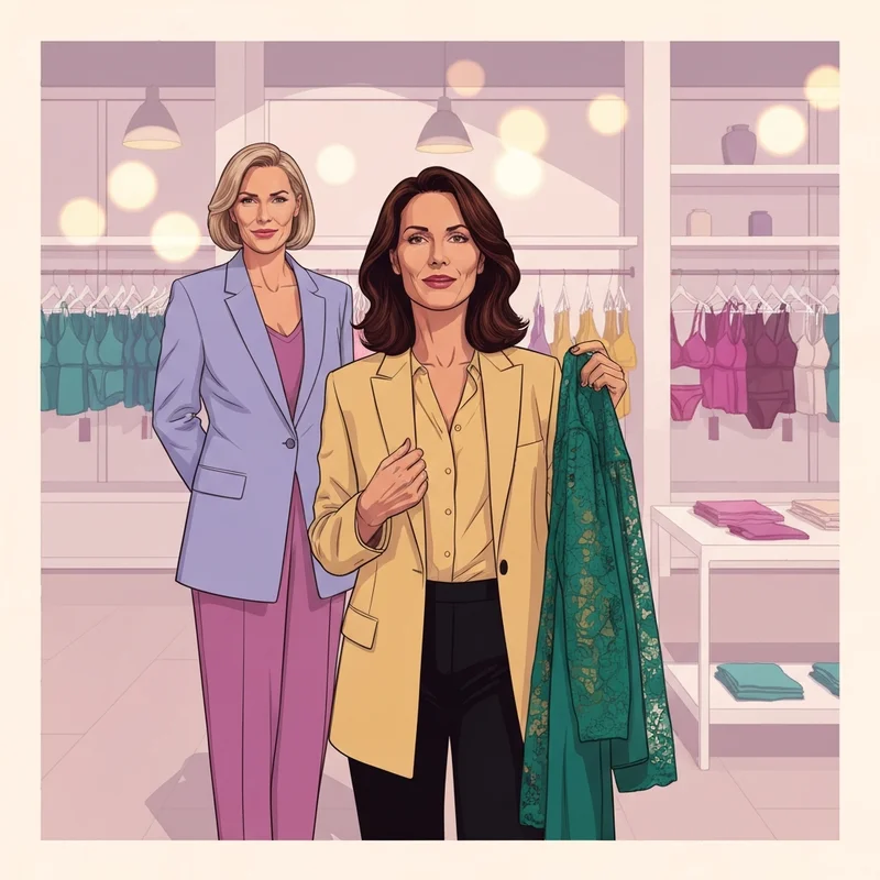 A professional woman confidently selecting a high-quality emerald lace bra on sale in a boutique.