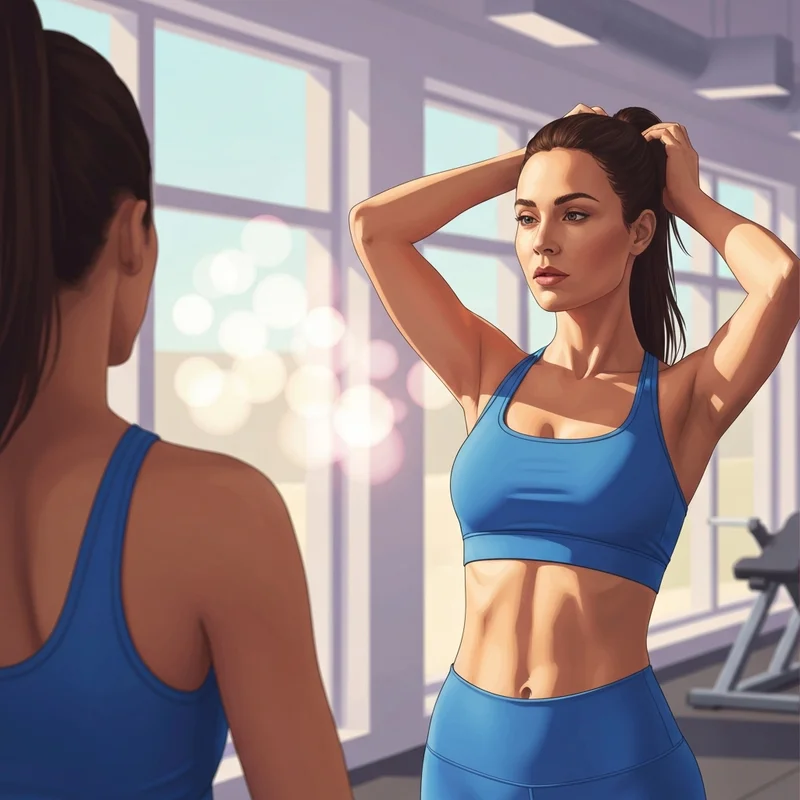 A confident young woman wearing a supportive cobalt blue sports bra in a modern gym setting.