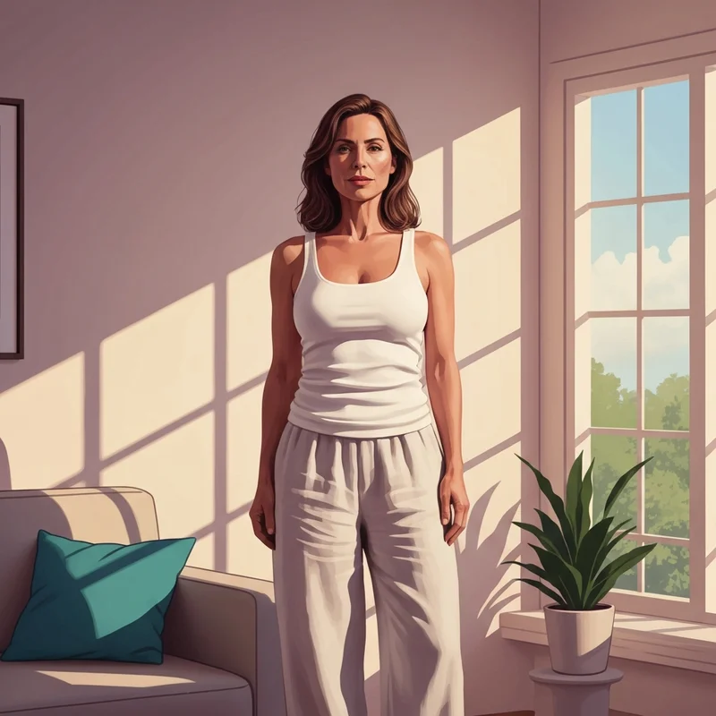 A woman enjoying the freedom of having big tits and no bra in a comfortable home setting.