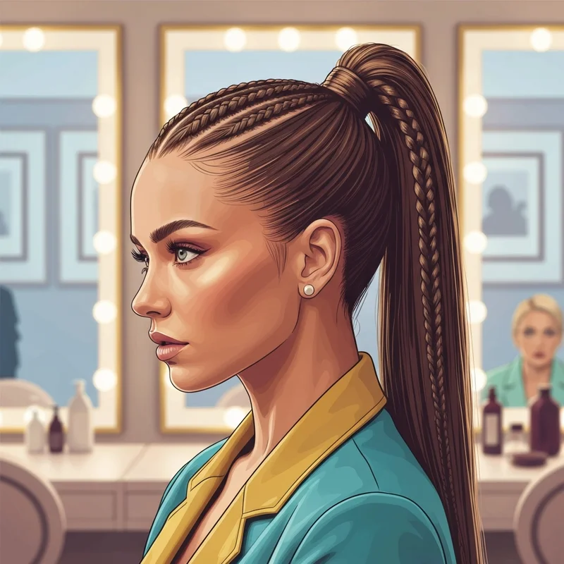 A woman showcasing a perfectly sleek braid up ponytail with intricate parting.