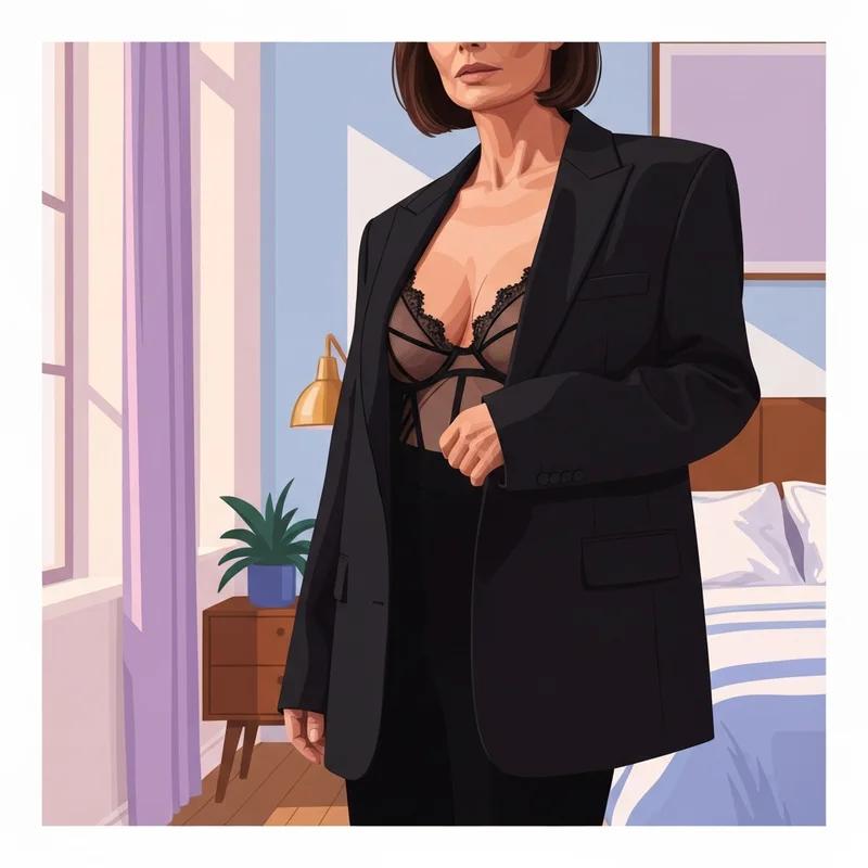 A woman wearing a stylish peek a boo bra under a black blazer, representing confidence and modern fashion.