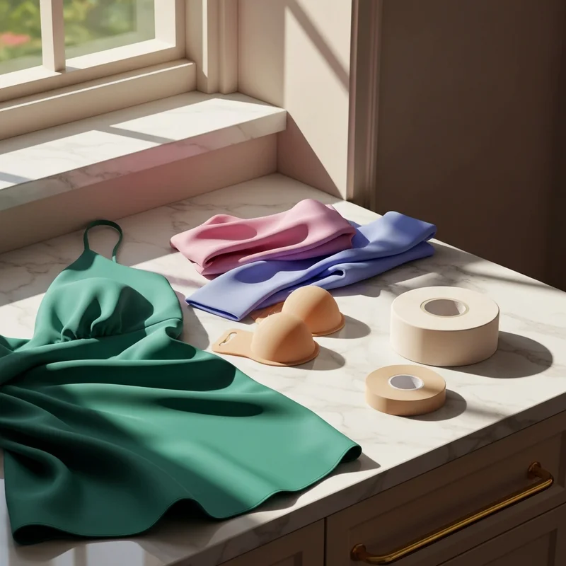 A luxury vanity setup showing the perfect bra for low back strapless dress options for a silk gown.