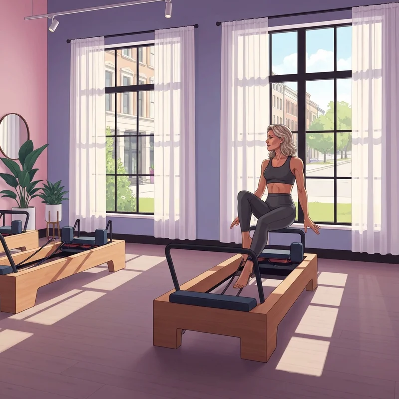 A woman practicing on a reformer at a boutique studio for pilates lexington ky.