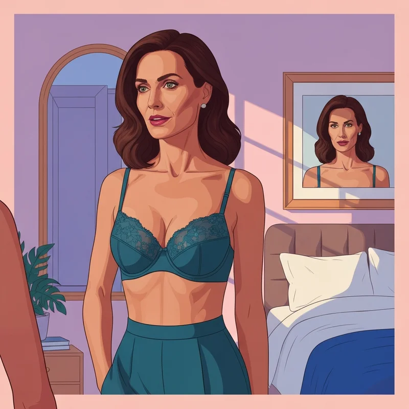 A woman confidently wearing a supportive and fashionable j cup bra size in front of a mirror.