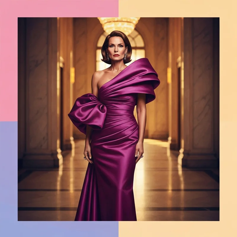 A woman wearing a vibrant fun black tie wedding guest dress in a luxury ballroom setting.