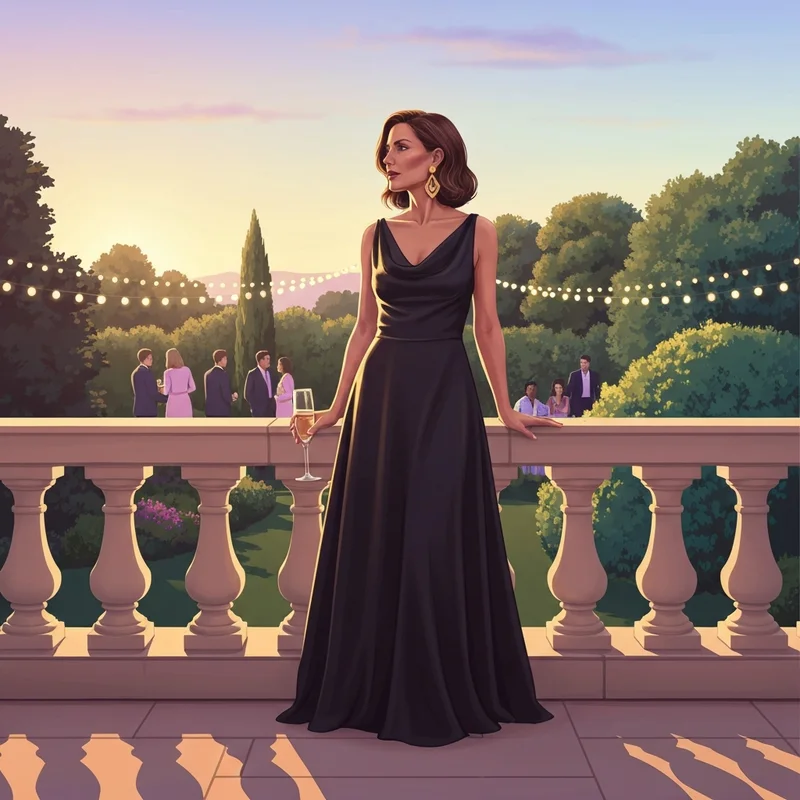 A woman wearing a stunning maxi black wedding guest dress at a sunset reception.