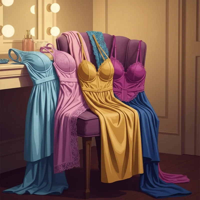 A collection of elegant corsets and shapewear displayed in a high-end dressing room setting.