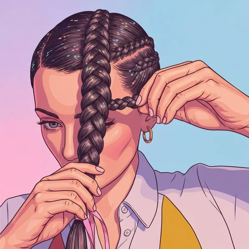 Detailed close-up of a person styling a complex four hair braid with holographic glitter.