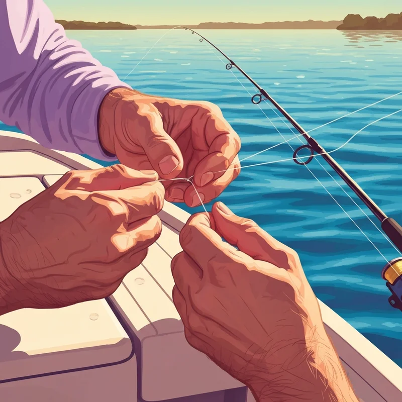 A close-up of a perfectly executed braid to fluoro knot being tied by an experienced angler on a boat.