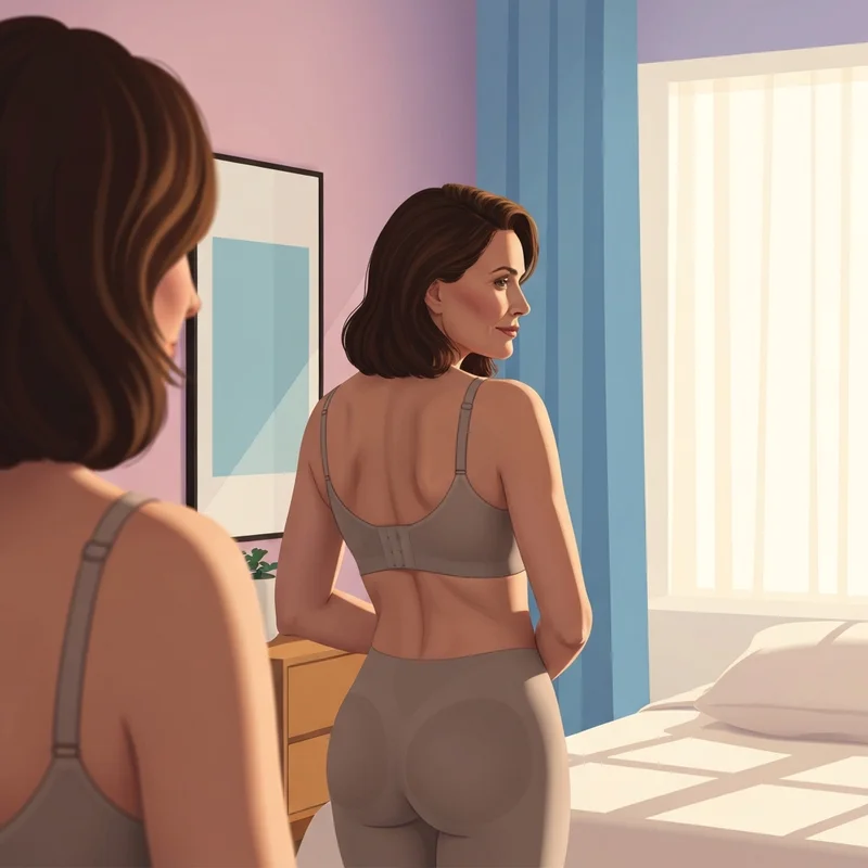 A woman wearing a no back fat bra showcasing a smooth silhouette and confident posture in a sunlit bedroom.