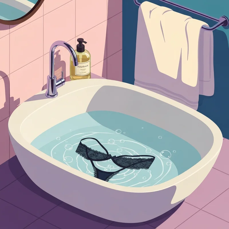 A peaceful bathroom scene showing how do you hand wash a bra in a clean sink.