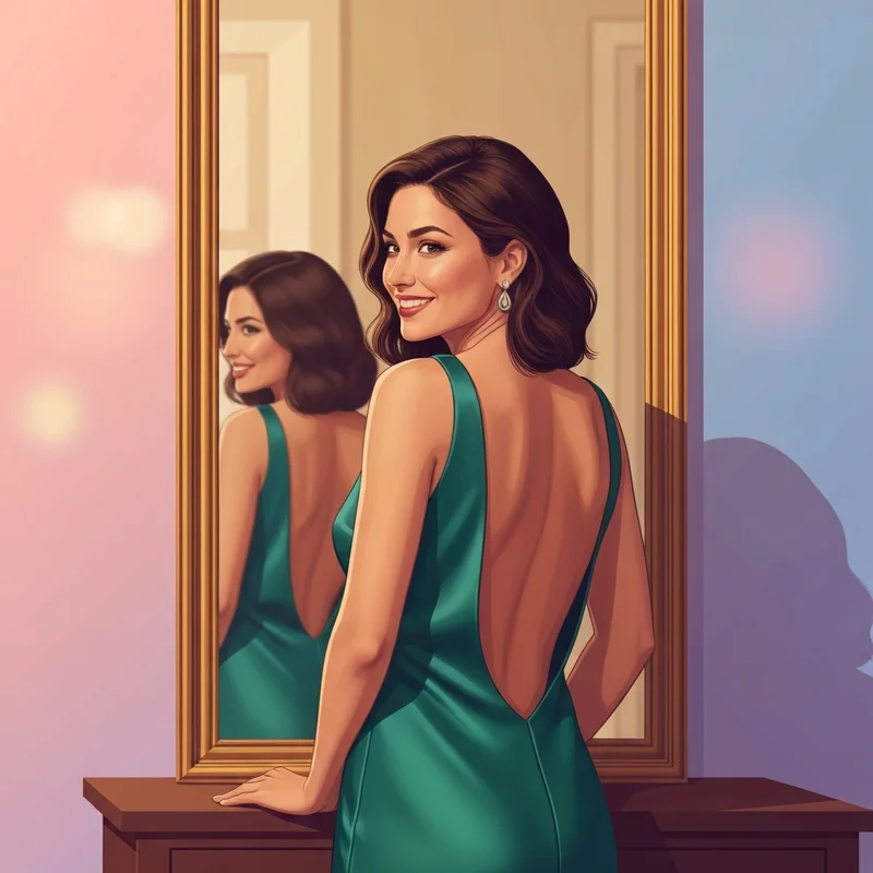 A confident woman wearing an open-back dress with a clear back bra for invisible support.