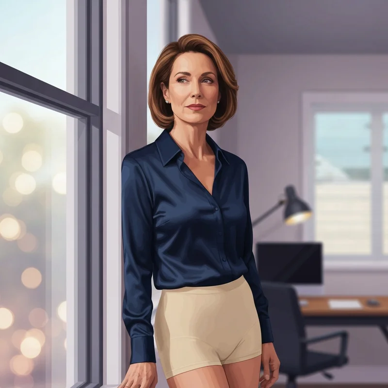 A woman feeling confident and comfortable in her ruby ribbon bra under a professional blouse.